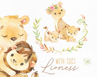 Lioness With Cubs. Watercolor little animal clipart, mother lion, boy, girl, hugs, love, wreath, birthday, greeting, baby born, baby-shower