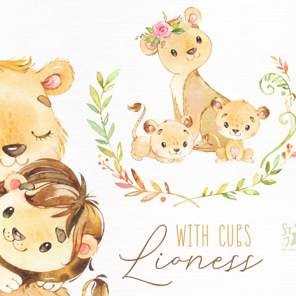 Lioness With Cubs. Watercolor little animal clipart, mother lion, boy, girl, hugs, love, wreath, birthday, greeting, baby born, baby-shower