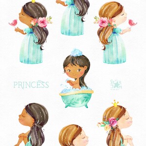 May include: Watercolor illustration featuring multiple images of young princesses. The princesses are depicted with various skin tones, wearing blue dresses and gold crowns. Some hold pink birds, while one bathes in a teal tub. The word "PRINCESS" is written in light blue.