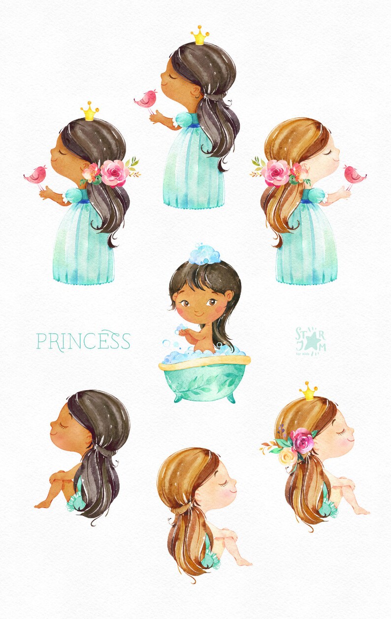 May include: Watercolor illustration featuring multiple images of young princesses. The princesses are depicted with various skin tones, wearing blue dresses and gold crowns. Some hold pink birds, while one bathes in a teal tub. The word "PRINCESS" is written in light blue.