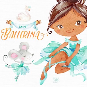 Ballerine à la menthe. Clipart aquarelle, petite fille, robe, danseuse de ballet, pointe, poupée de papier, couronne, png, souris, turquoise, fleurs, mignon