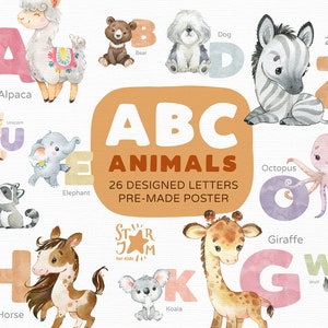 Animales ABC. Imágenes prediseñadas de acuarela, alfabeto, letras, tarjeta de la a a la z, cartel de abc, guardería, escuela imprimible, bebé, impresión preescolar, para maestra