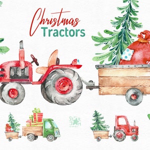 Tratores de Natal. Clipart de país de férias em aquarela, inverno, caminhão, vintage, presente, faça você mesmo, árvore, decorações, ano novo, alegre, fofo, divertido