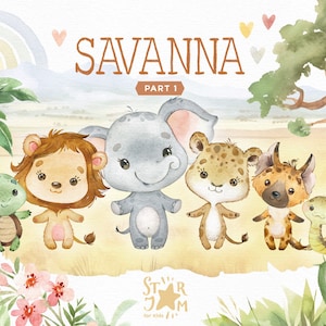 Savanna Pt.1 Süße Tiere. Aquarell Clipart, Afrikanische, Elefant, Schildkröte, Löwe, Blume, Gepard, Safari, Dschungel, Hyäne, Bäume, Umwelt