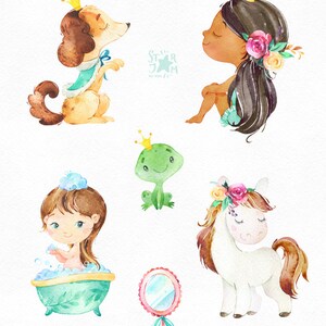 May include: Watercolor illustrations of princess-themed elements. Includes a girl with a crown, a bird, a castle, a dog, a girl with flowers, a frog, a girl in a tub, a mirror, a pony, a high heel, a cat, a heart, and crowns.