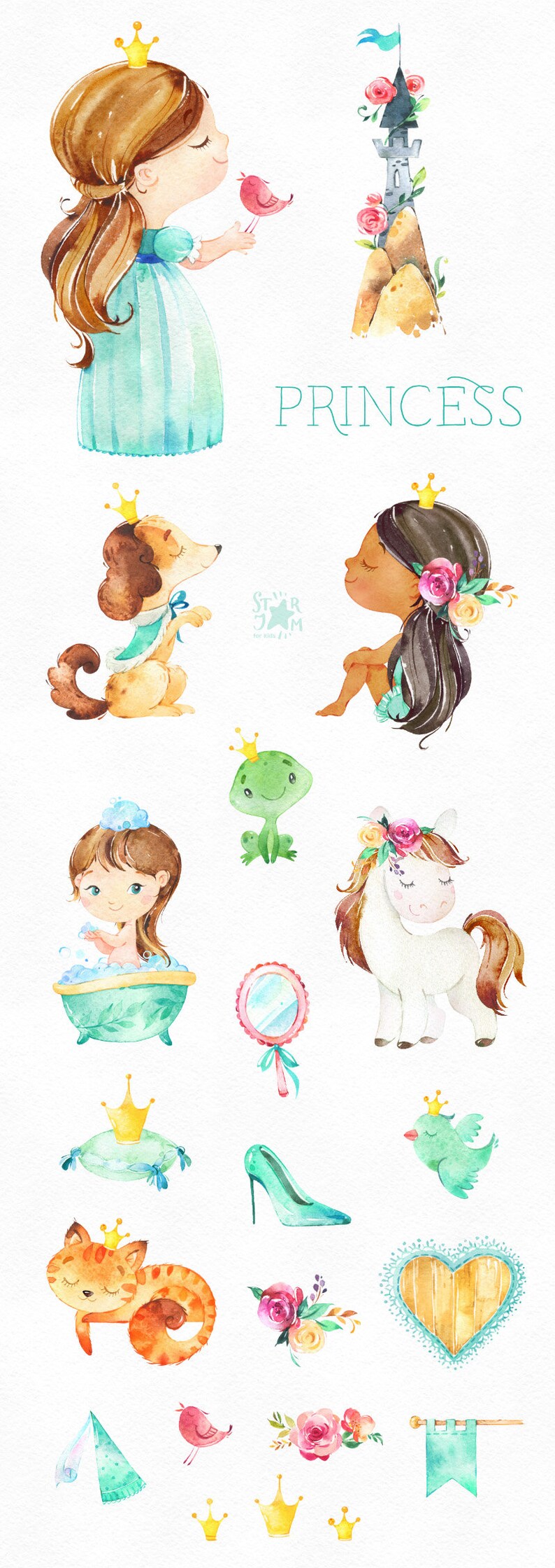 May include: Watercolor illustrations of princess-themed elements. Includes a girl with a crown, a bird, a castle, a dog, a girl with flowers, a frog, a girl in a tub, a mirror, a pony, a high heel, a cat, a heart, and crowns.