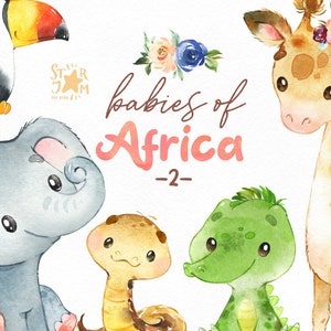 Bebés de África 2. Acuarela animales clipart, elefante, jirafa, pájaro, cocodrilo, serpiente, flores, saludo, selva, floral, hojas, bebé