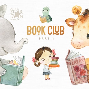 Club del libro. Acquerello animali africani clipart, elefante, giraffa, ragazza, ghepardo, tartaruga, lettura, scuola, invitare, safari, bambino, baby-shower