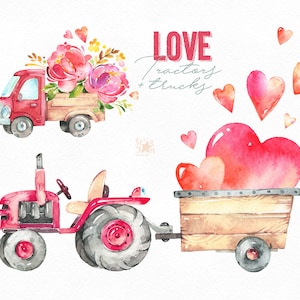 J’adore les tracteurs et les camions. Aquarelle Clipart de la Saint-Valentin, cœurs, rose, fille, floral, ferme, campagne, plaisir, fleurs, enfants, bébé, citations, carte