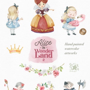 Alice in Wonderland 2. Watercolor clipart, Queen of Hearts, flamingo, fairytale, Roses, magic, Alice's clipart, decoration for party, png image 2