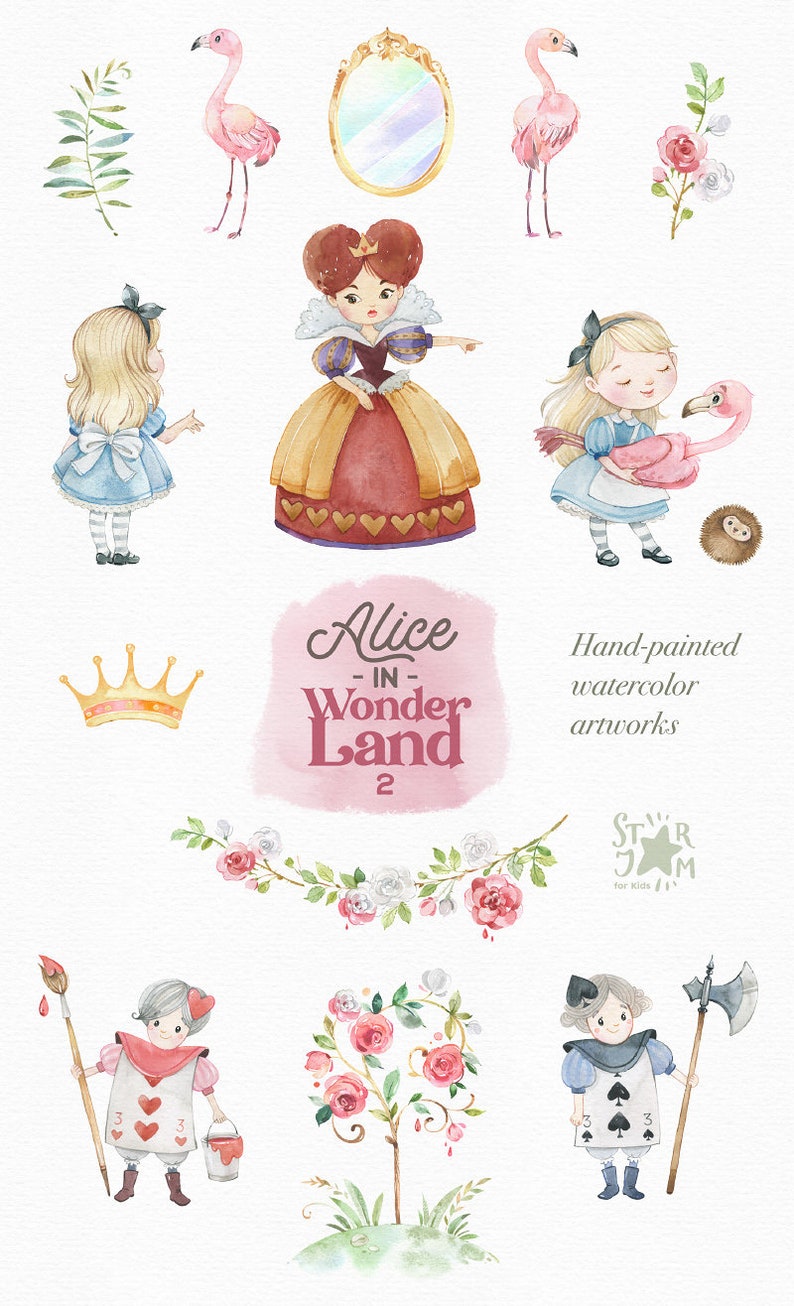 Alice in Wonderland 2. Watercolor clipart, Queen of Hearts, flamingo, fairytale, Roses, magic, Alice's clipart, decoration for party, png image 2