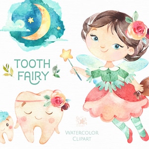 Fée des dents. Aquarelle magique clipart, dents, dent de bébé, amusant, petite fée, ailes, conte de fées, fleurs, enfants, crèche, bébés, baby-shower
