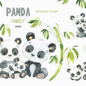 Família Panda. Pequenos animais clipart aquarela, aquarela, mãe, abraços, filhote, bambu, florais, chá de bebê, crianças, bebê, fofo, berçário