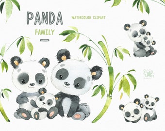 Panda Family. Little animals watercolor clipart, watercolor, mother, hugs, cub, bamboo, florals, baby-shower, kids, baby, cute, nursery