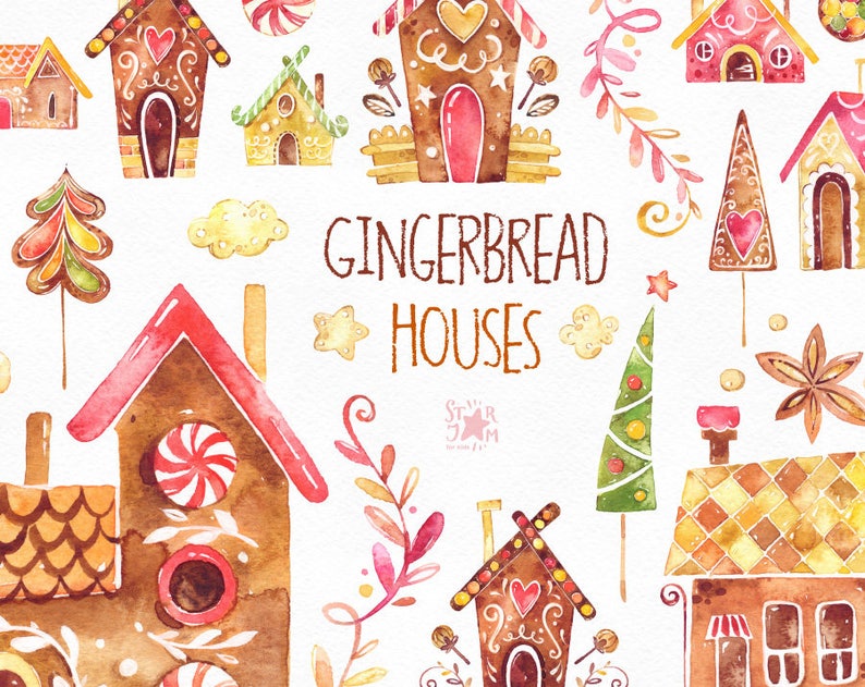 Gingerbread Houses. Watercolor clipart, Christmas, cookies, sweets, winter, cute, card, diy, decorations, new year, merry, green, holiday 