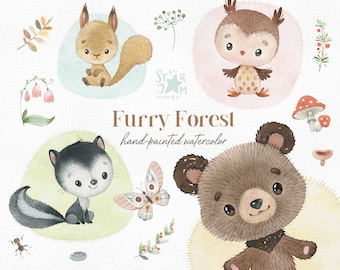 Furry Forest. Cute watercolor clipart, squirrel, bear, owl, raccoon, butterfly, woodland baby-shower, png, printable animals, birthday party