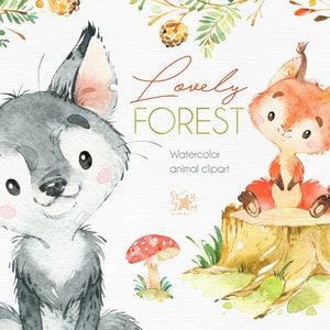 Belle forêt. Petits animaux clipart art, aquarelle, loup, écureuil, castor, souris, fleurs, sauvage, salutation, invite, babyshower, bois