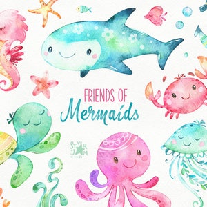 Friends Of Mermaids. Watercolor clip art, fish, jellyfish, turtle, sea, octopus, crab, nautical, underwater, ocean, pink, shells, babyshower