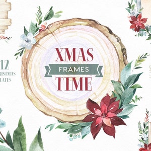 Kerst tijdschema's. Kerstborden Sign Plaque Wood Slice Aquarel clipart, bloemen, bloemen, winter, poinsettia, vakantie, kaart, sjabloon