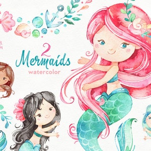 Sirènes 2. Aquarelle clipart, mer, filles, magie, conte de fées, couronne, nautique, sous-marin, océan, rose, coquillage, babyshower, starjamforkids