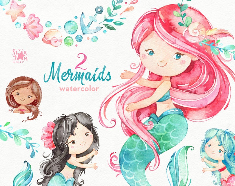 Mermaids 2. Watercolor clipart, sea, girls, magic, fairytale, wreath, nautical, underwater, ocean, pink, shell, babyshower, starjamforkids image 1