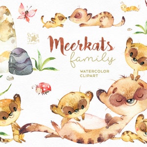 Suricatas. Familia. Acuarela animales clipart, pequeños suricatos, abrazo, amor, africano, sabana, invitaciones, piedras, floral, hojas, babyshower