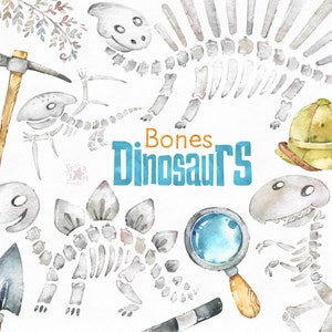 Ossa di dinosauri. Clipart ad acquerello, archeologia, personaggi, carino, floreale, creature, agende, t-rex, baby shower, adesivi, bambini