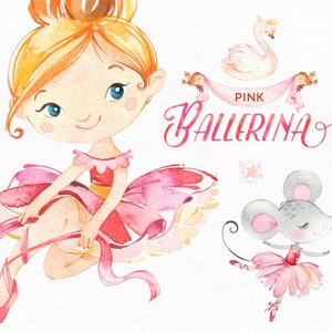 Ballerine rose. Aquarelle clipart, petite fille, danseuse de ballet, pointe, bannière, oiseaux, couronne, arcs, souris, cygne, fleurs, mignon, tons de peau