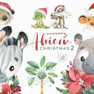 Natale africano 2. Acquerello animali clipart, zebra, ippopotamo, ghepardo, coccodrillo, suricato, palma, safari, vacanza, tropicale, carta