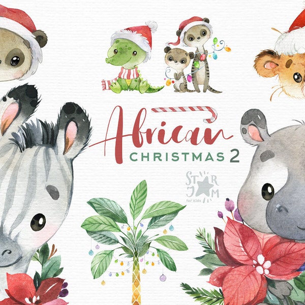 African Christmas 2. Watercolor animals clipart, zebra, hippo, cheetah, crocodile, meerkat, palm tree, safari, holiday, tropical, card