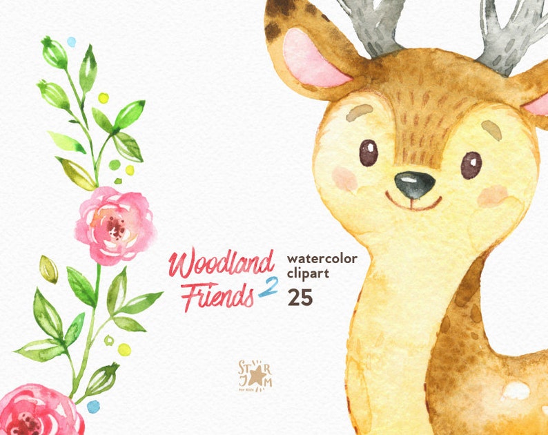 Woodland Friends 2. Watercolor animals clipart, forest, deer, raccoon, owl, greeting, invite, kids, flowers, floral, wreath, diy, shower image 3