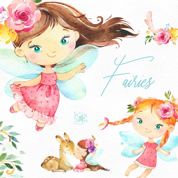 Feen 2. Aquarell Zauber Clipart, mädchen, dunkle Häute, Reh, Flügel, Wald, Märchen, Blumen, Kinderzimmer, Baby, Baby, Babyparty