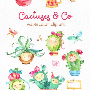 May include: Watercolor clip art featuring smiling cacti and succulents in pots, with butterflies and gardening tools. The text "Cactuses & Co" is in pink script. The illustrations are in shades of green, pink, and brown.
