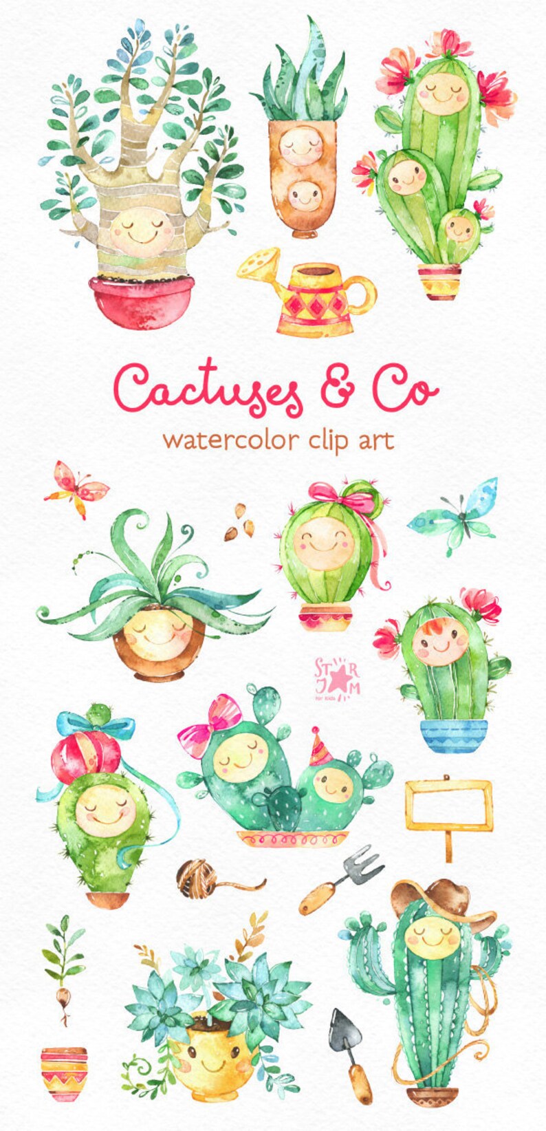May include: Watercolor clip art featuring smiling cacti and succulents in pots, with butterflies and gardening tools. The text "Cactuses & Co" is in pink script. The illustrations are in shades of green, pink, and brown.
