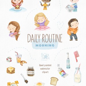 Daily Routine. Morning. Watercolor handpainted clipart, breakfast, tooth brushing, preschool png, kids daily activities, education printable image 2