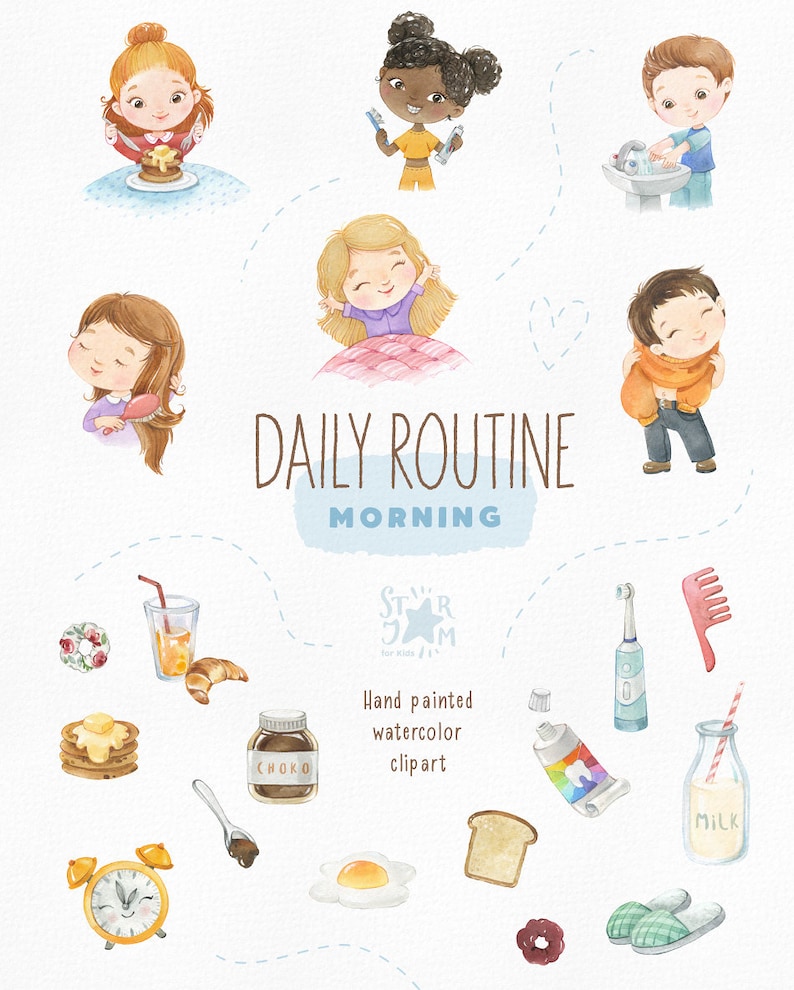 Daily Routine. Morning. Watercolor handpainted clipart, breakfast, tooth brushing, preschool png, kids daily activities, education printable image 2