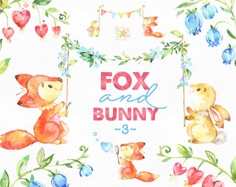 Fox and Bunny 3. Watercolor animal clipart, flowers, borders, cute, woodland, invite, forest, bunting, floral, babyshower, kids cards, fxbn