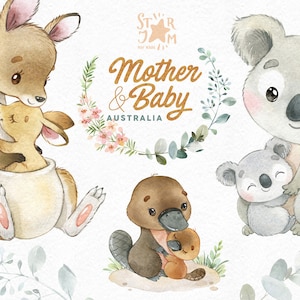 Mère et bébé Australie. Clipart animaux aquarelle, kangourou, koala, ornithorynque, imprimable, fête des mères, roi, famille, couronne, baby-shower