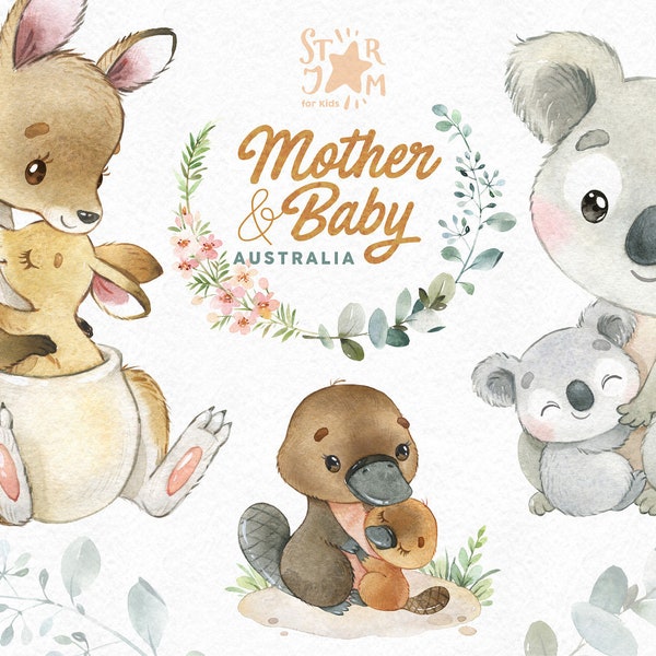 Mother & Baby Australia. Watercolor animals clipart, kangaroo, koala, platypus, printable, Mother's Day, king, family, wreath, baby-shower