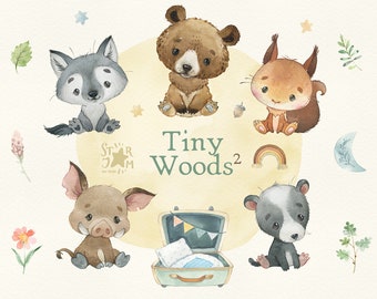 Tiny Woods 2. Animals watercolor clipart, bear, wolf, teepee, woodland baby-shower, printable animals, first birthday invitation, party png