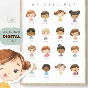 Meus sentimentos. Impressão digital, gráfico de emoções, impressão educacional, sala de aula montessori, escola, decoração de parede de sala de jogos, berçário, terapia