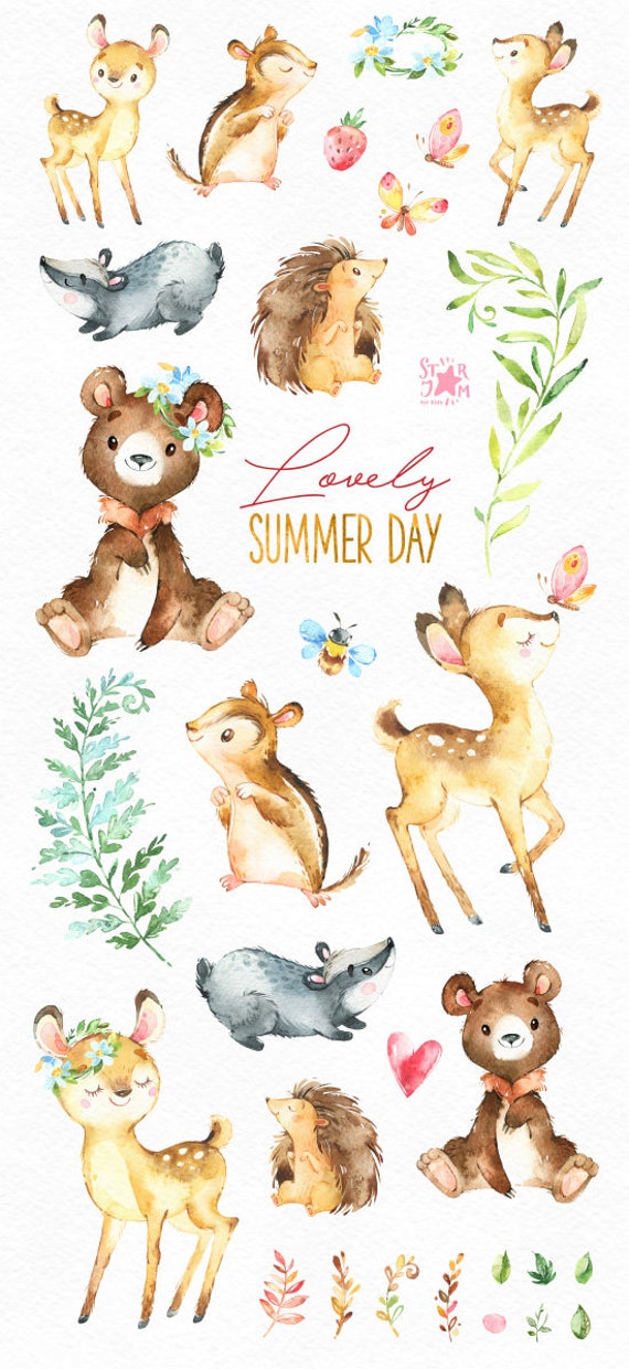 Lovely Summer Day. Forest Animals Clip Art Watercolor - Etsy UK Lovely Summer Day. Forest Animals Clip Art Watercolor - Etsy UK