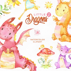 Pequeños dragones 2. Acuarela mágica clip art, personajes, cuento de hadas, lindo, floral, criaturas, planificadores, baby shower, pegatinas, niños. bricolaje