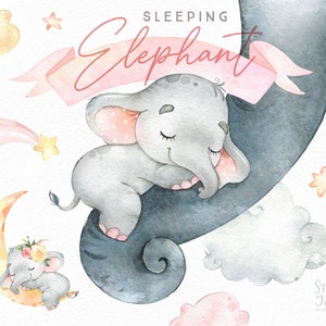 Slapende Olifant. Babymeisje. Aquarel kleine dier clipart, sterren, kind, roze, slaap, kind, baby-geboren, baby-douche, droom, maan, wolken
