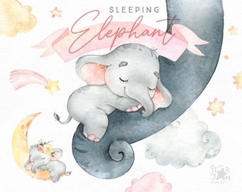 Sleeping Elephant. Babygirl. Watercolor little animal clipart, stars, child, pink, sleep, kid, baby-born, baby-shower, dream, moon, clouds