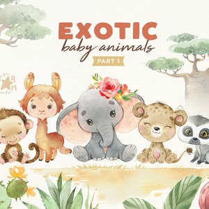 Exotische Tierbabys 1. Aquarell Tiere Clipart, Elefant, Lama, Löwin, Affe, Lemur, Blume, Gruß, Safari, Dschungel, floral, Afrika