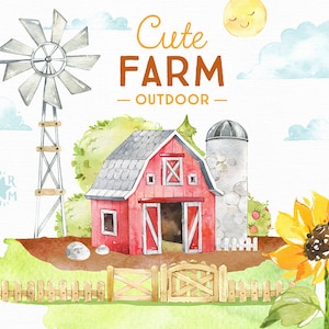 Cute Farm Outdoor. Watercolor country clipart, landscape, windmill, barn, fence, ranch, sunflower, village, household, homestead, babyshower