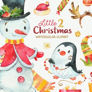 Kleine Weihnachten 2. Aquarell Clipart, Schneemann, Winter, Pinguin, Geschenk, Diy, Dekoration, Neujahr, Frohe, Geweih, Urlaub, Baby, niedlich