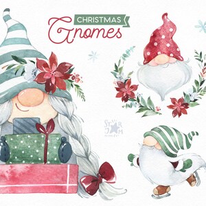 Bożonarodzeniowe Gnomy 2 Akwarela clipart, nordycki, skandynawski, kwiaty, zima, prezenty, śnieg, bajkowy, święto, boże narodzenie, karty, krasnolud, wieniec