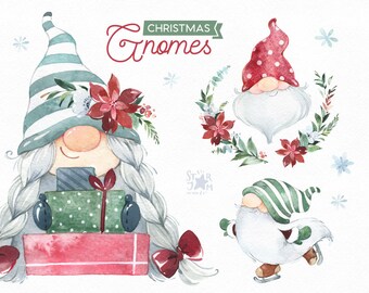 Christmas Gnomes 2 Watercolor clipart, Nordic, Scandinavian, flowers, winter, gifts, snow, fairytale, holiday, xmas, cards, dwarf, wreath